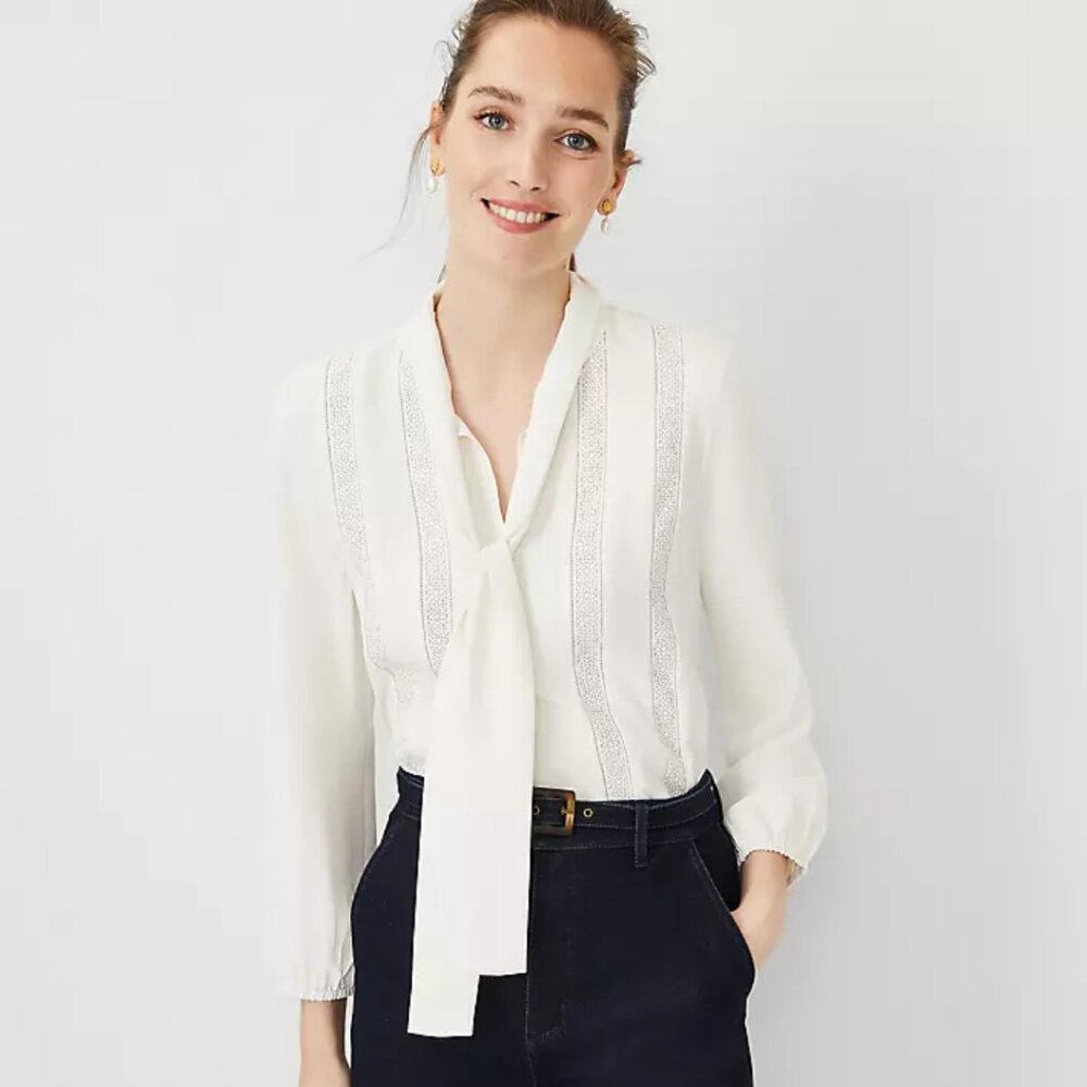 Ann Taylor Mixed Media Lace Tie Neck Blouse White/Cream Size S